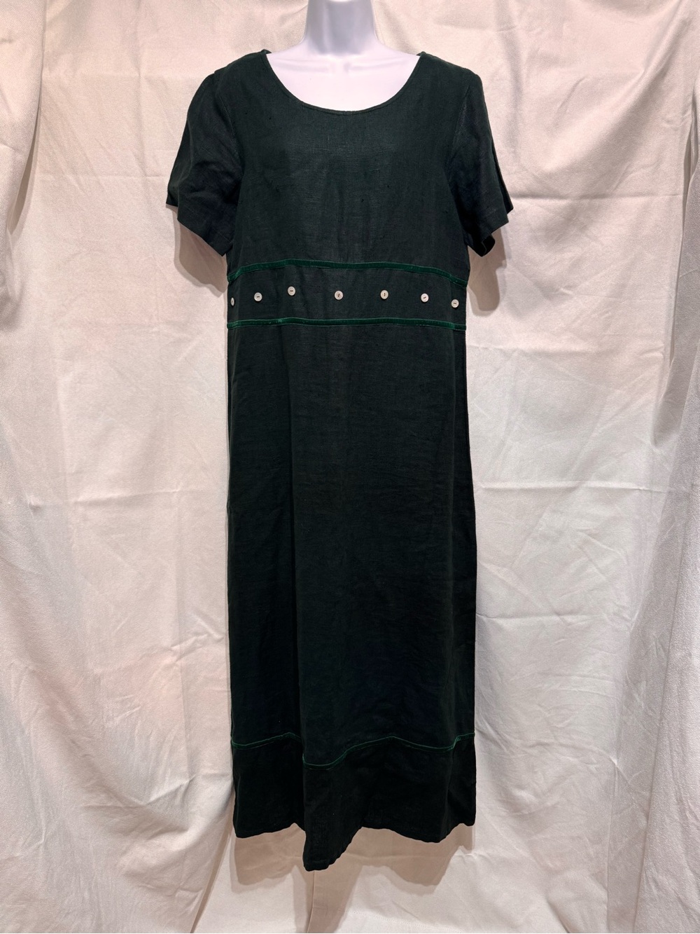 Women’s Vtg Sz 8 Full Length Green Linen Dress Boho Button Accent Velvet Trim
**